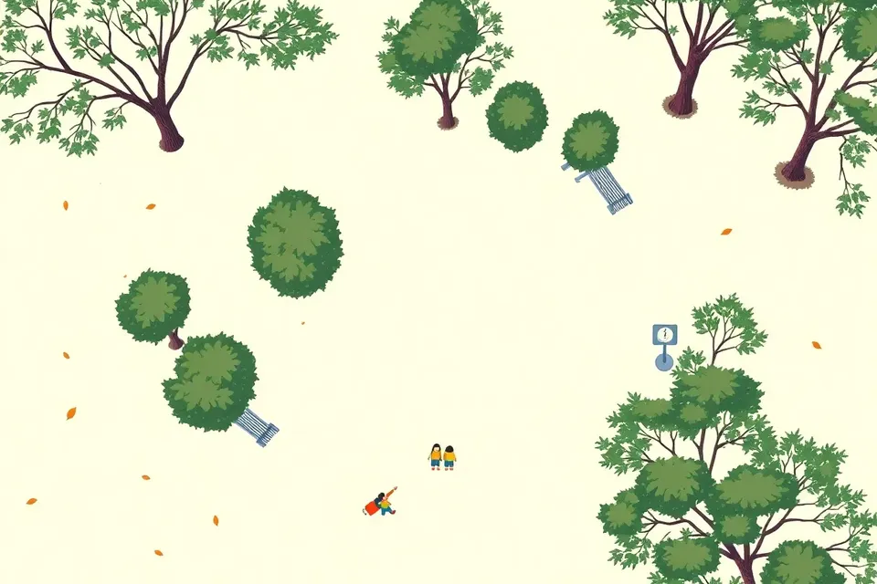 An overhead illustration of a park path with small groups of people walking and gesturing, surrounded by trees and benches, evoking a casual learning walk.