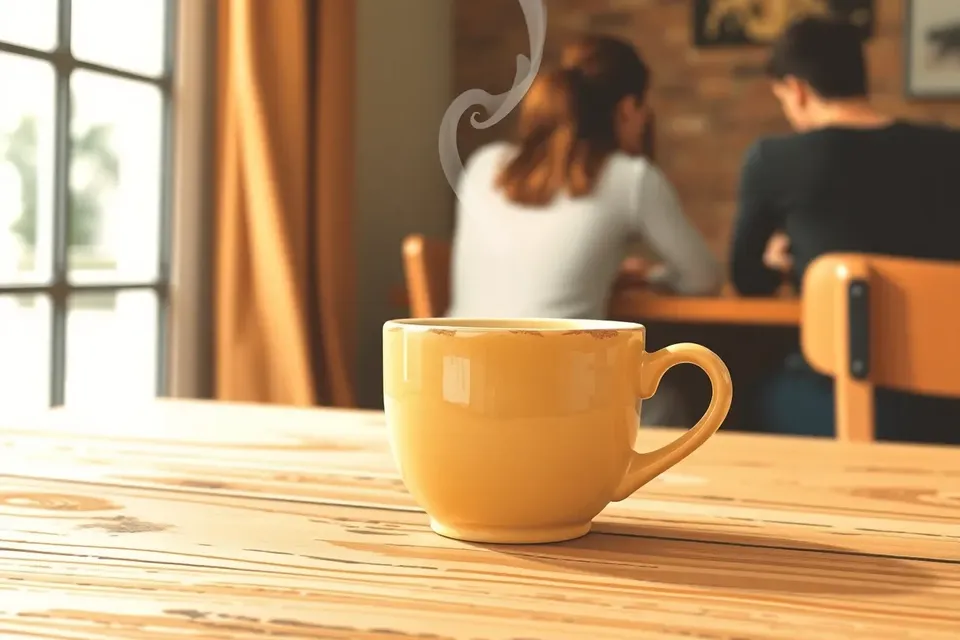 A close-up of a ceramic coffee cup on a wooden table, with steam rising, and blurred figures in the background engaged in casual conversation.
