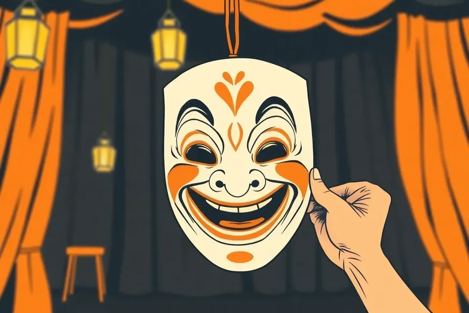 A hand holding a stylized Thai folk theatre mask with a comically exaggerated expression, set against a softly blurred stage background with a hanging lantern.