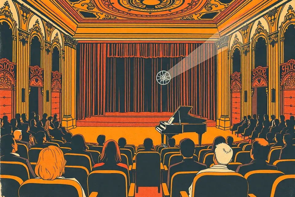A dimly lit historic cinema interior with a pianist at a grand piano on stage, an audience of silhouettes in velvet seats, and a flickering film projection on a screen.
