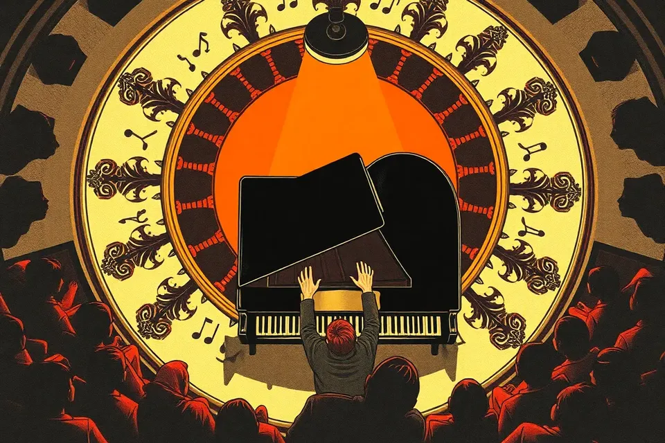 An overhead view of a grand piano on a stage, surrounded by concentric circles of an ornate ceiling and silhouetted audience members, with a spotlight casting a warm glow.