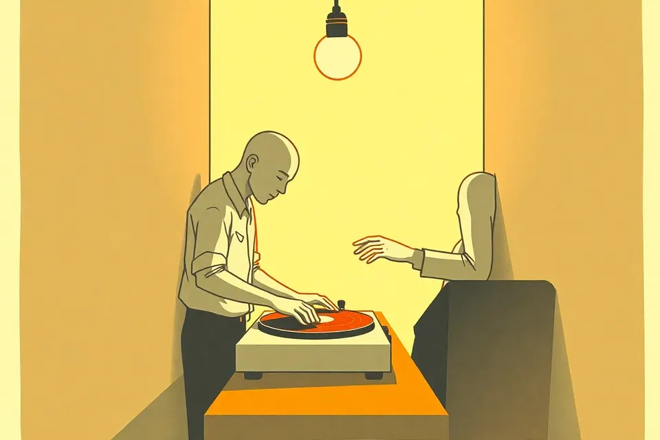 An illustration of a small, intimate music venue at night, with a DJ at a turntable and a listener swaying nearby, bathed in warm light.