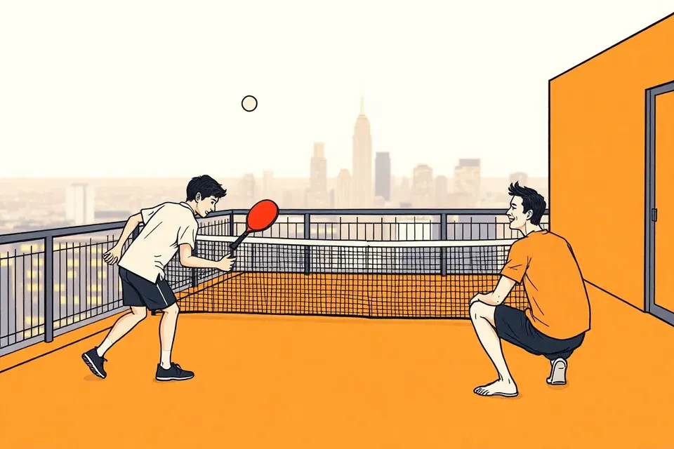 Two stylized figures play pickleball on a rooftop court at dusk, one lunging for the ball, the other poised to return, with city lights glowing in the background.