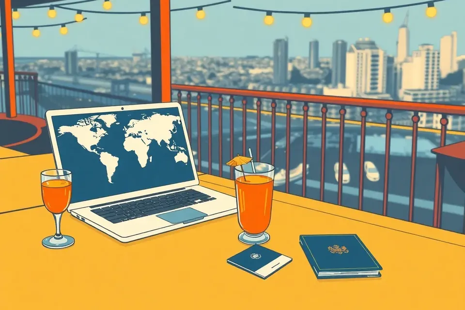 A laptop with a world map screensaver on a bar counter, beside a cocktail with an umbrella, a stack of business cards, and a passport. The open-air bar railing and string lights suggest a rooftop venue.