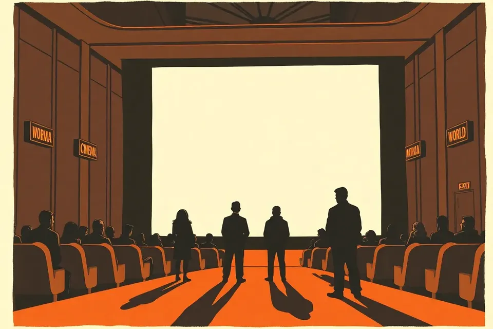 A wide shot of a dark cinema with a blank screen and a few small silhouetted figures standing on a red carpet, evoking a quiet, anticipatory atmosphere.