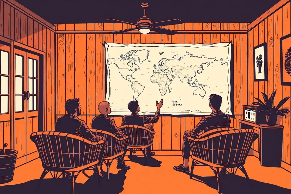 A wide shot of a dimly lit room with rattan chairs, a group of people seated in a semicircle, and a large blank map with faint lines on a corkboard, with a ceiling fan overhead.