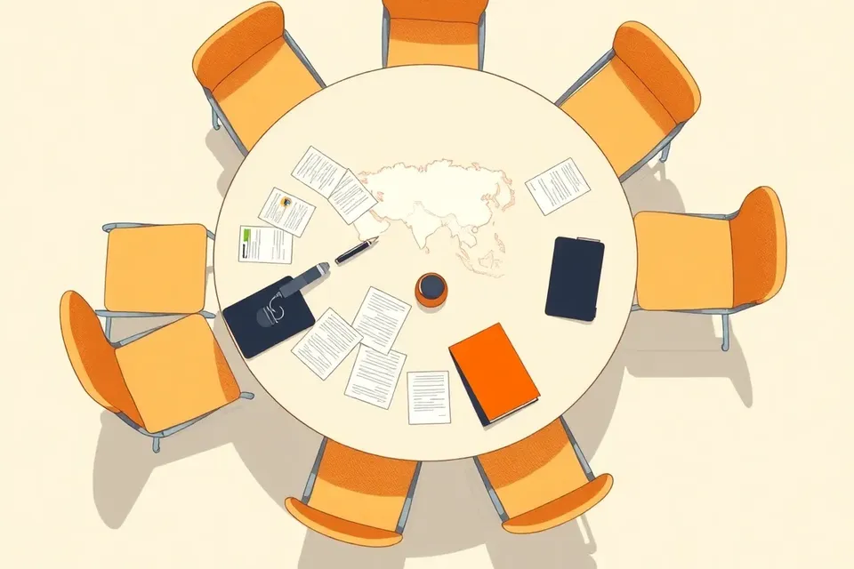 An overhead view of a conference table with papers, a microphone, and chairs, with a faint map of Southeast Asia on the table.