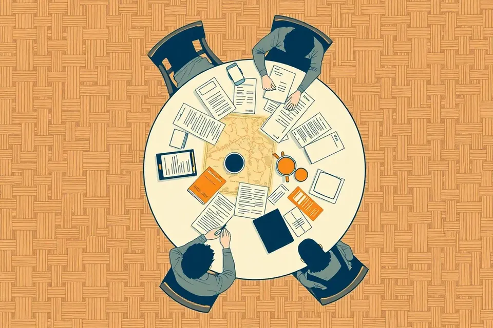 Overhead view of a round table with papers, a map, and a teacup, surrounded by four figures leaning in, on a parquet floor that suggests a grid or map.