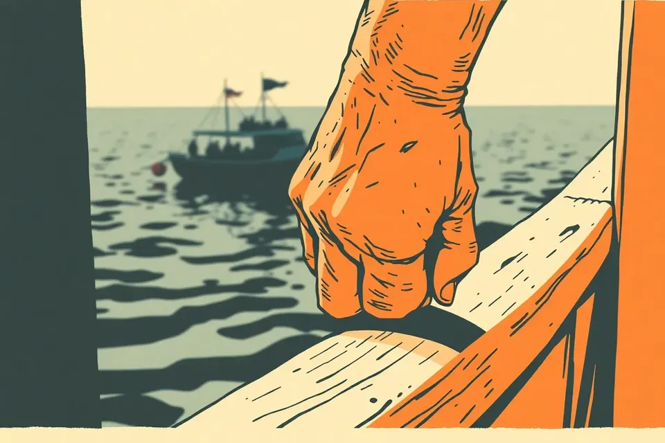 Close-up of a hand gripping a wooden boat rail, with a blurred silhouette of a crowded boat on dark water in the background, evoking a somber, urgent mood.