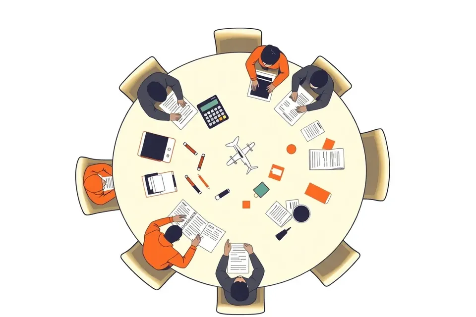 An overhead view of a workshop table with documents, a calculator, and a model airplane, surrounded by people in discussion.