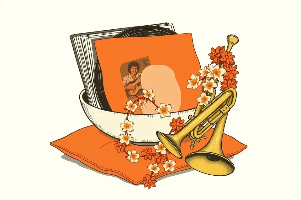 A still life arrangement with a ceramic bowl of vinyl records, a brass trumpet on a silk cushion, and a jasmine garland, evoking a classical Thai music concert.
