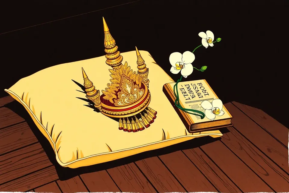 A still life arrangement featuring a Thai classical dance headdress on a silk cushion, an old book, and a white orchid, set on a dark wooden floor.