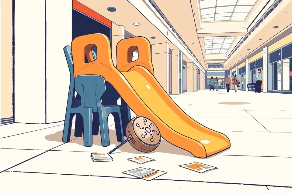 A still life of a worn plastic slide, folded chairs, a gong, and scattered leaflets in a dimly lit mall atrium.