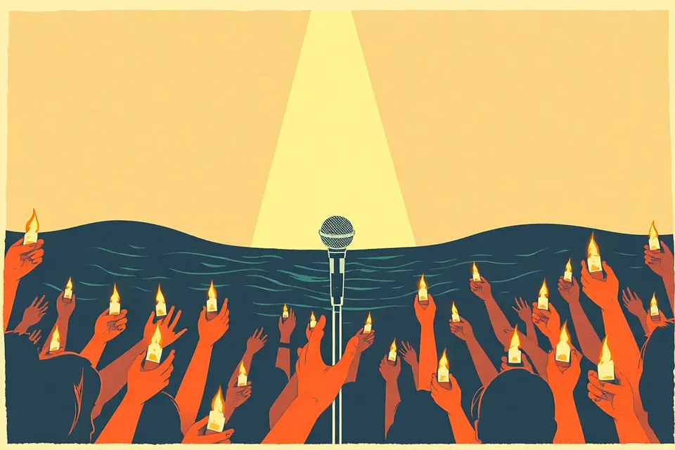A microphone on stage with a spotlight, ocean wave projection behind, and audience hands with lighters raised.